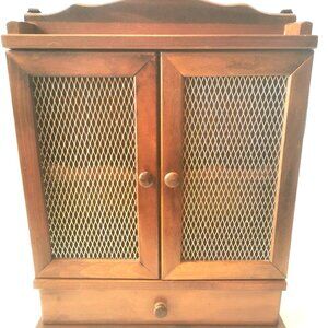 1960s Mini Curio Wood Cabinet Spice Rack Display Mesh Vintage Figurines Included